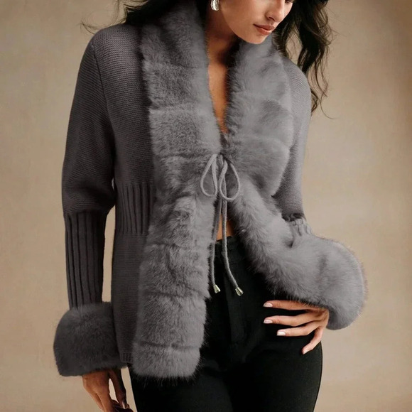 Dark Grey Casual Women's Elegant Faux Fur Knit Cardigan Sweater - Picture 7 of 8